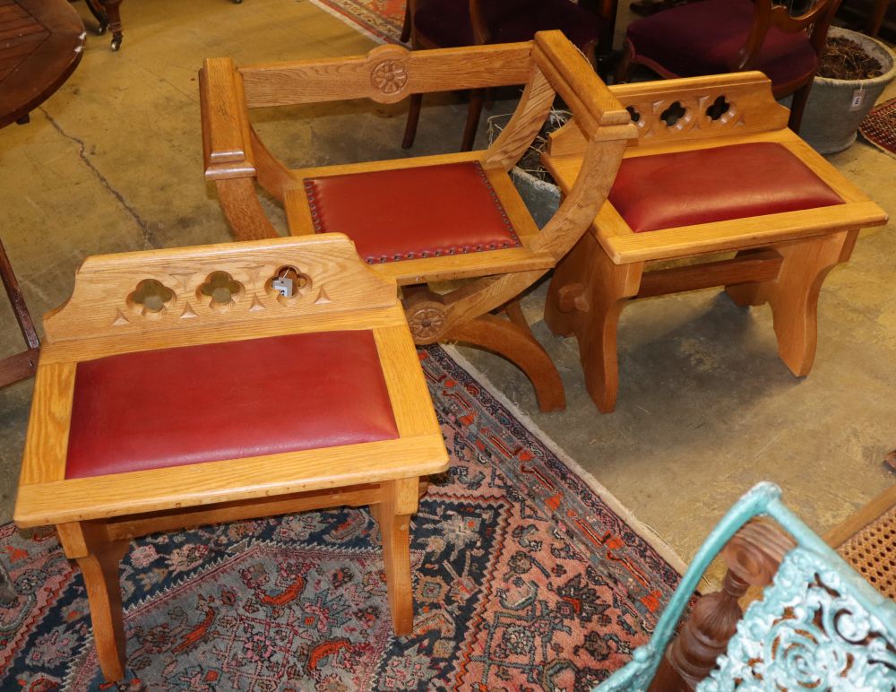 A pair of oak altar stools, largest D74cm, D.40cm, H.70cm and an oak bishops chair